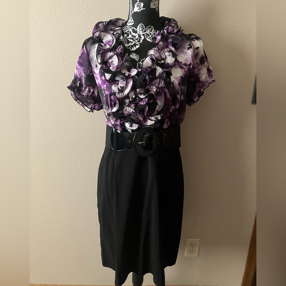 NWT SZ 16 SAMI & JO SIDE ZIP BUTTON CHEST STRETCH BELT RUFFLE NECK STUNNER DRESS